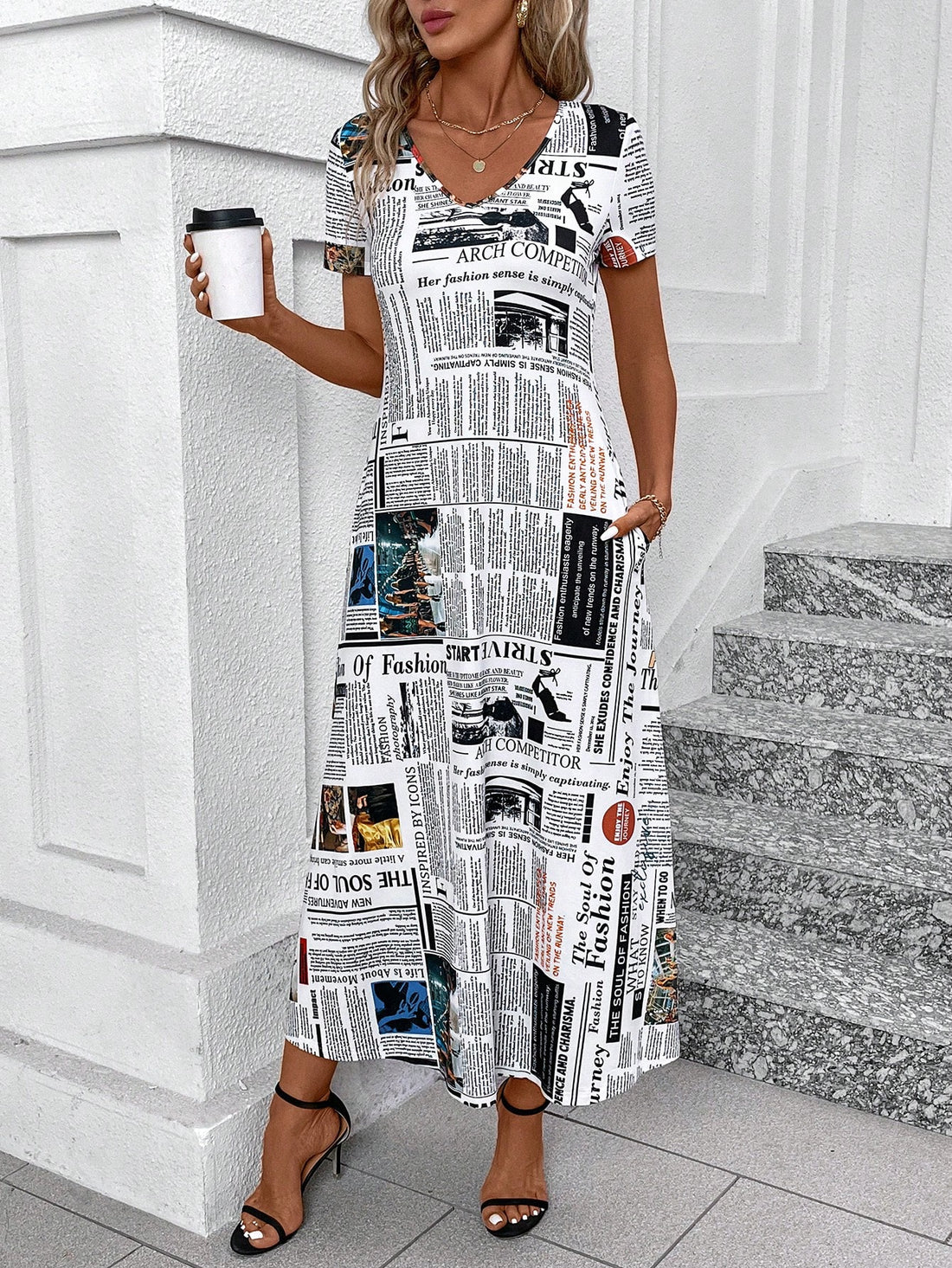 Add some fun to your wardrobe with our Chic Elegance dress featuring a playful newspaper print and convenient pockets. Perfect for the stylish woman who doesn't take herself too seriously. (Not suitable for serious readers.)