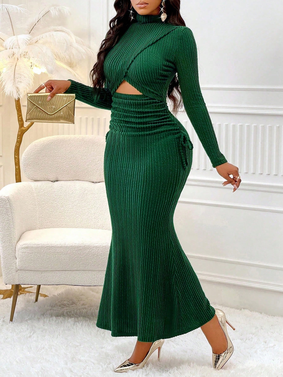 Elevate your evening style with our Chic Elegance mermaid dress. Designed for banquets, this mock neck dress features intricate cut-outs and ruching for a sleek silhouette. Perfectly tailored for a professional and sophisticated look.