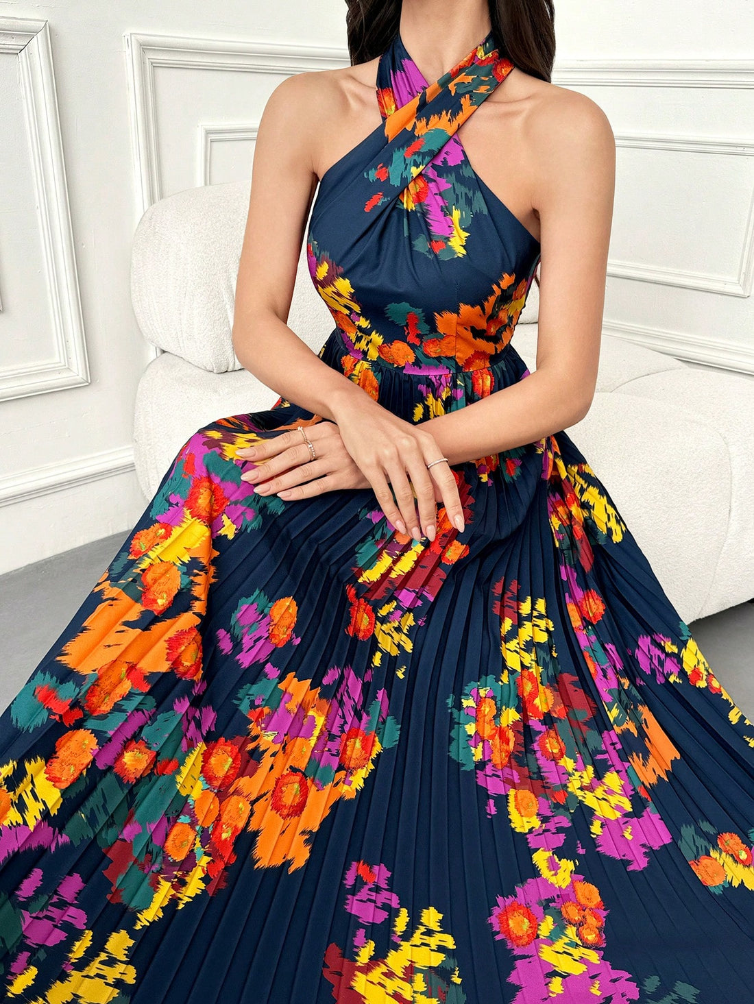 Upgrade your style with Chic Elegance! This women's dress features a trendy all-over print and includes a stunning neck pendant for added flair. The sleeveless design is perfect for all seasons. Look effortlessly chic and make a statement with this dress. (Dress length may vary based on height.)