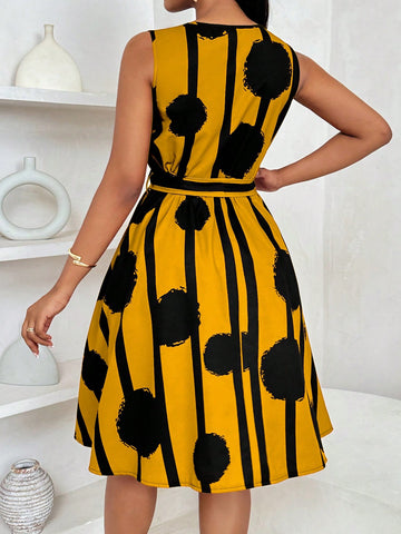 Channel your inner fashionista with this Chic & Elegant Geometric Print Tie-Waist Flared Mini Dress. Featuring a flattering tie-waist design and a fun geometric print, this dress will have you turning heads wherever you go. Perfect for a night out or a special event, this dress will add some flair to your wardrobe!