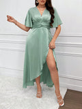 Embrace your curves and feel confident in our Chic & Elegant Plus Size V-Neck High Split Dress. With a flattering v-neckline and high split design, this dress will showcase your figure in all the right ways. The flare sleeves add a touch of elegance, making this dress perfect for any formal occasion.