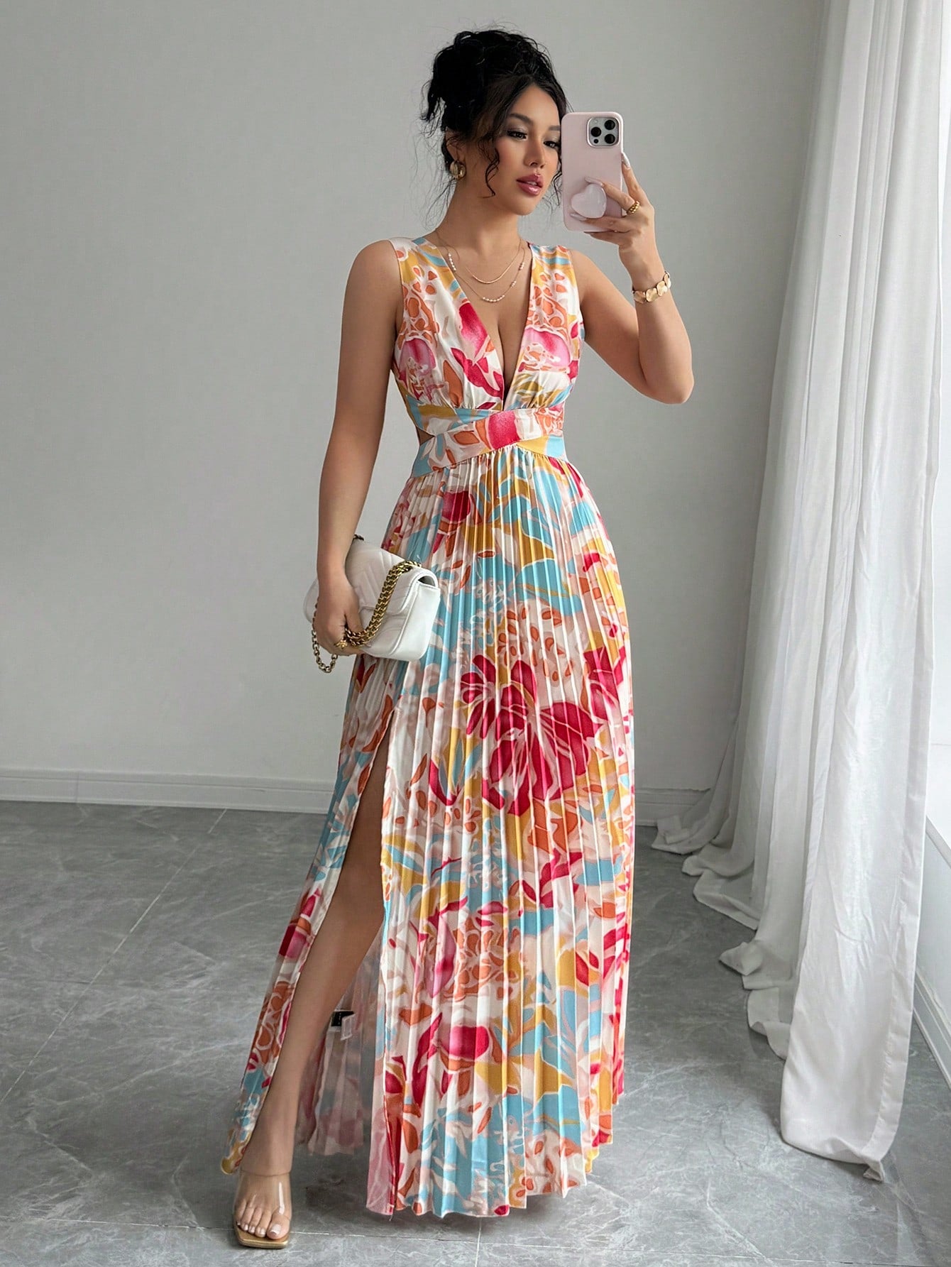 Embrace effortless summer style with the Chic Elenzga Sleeveless Floral Plunge Neck Ruched Festival Dress. This dress features a playful floral print and a plunging neckline for a flirty touch. The ruched detailing adds texture and a flattering silhouette. Perfect for festivals and sunny days ahead!