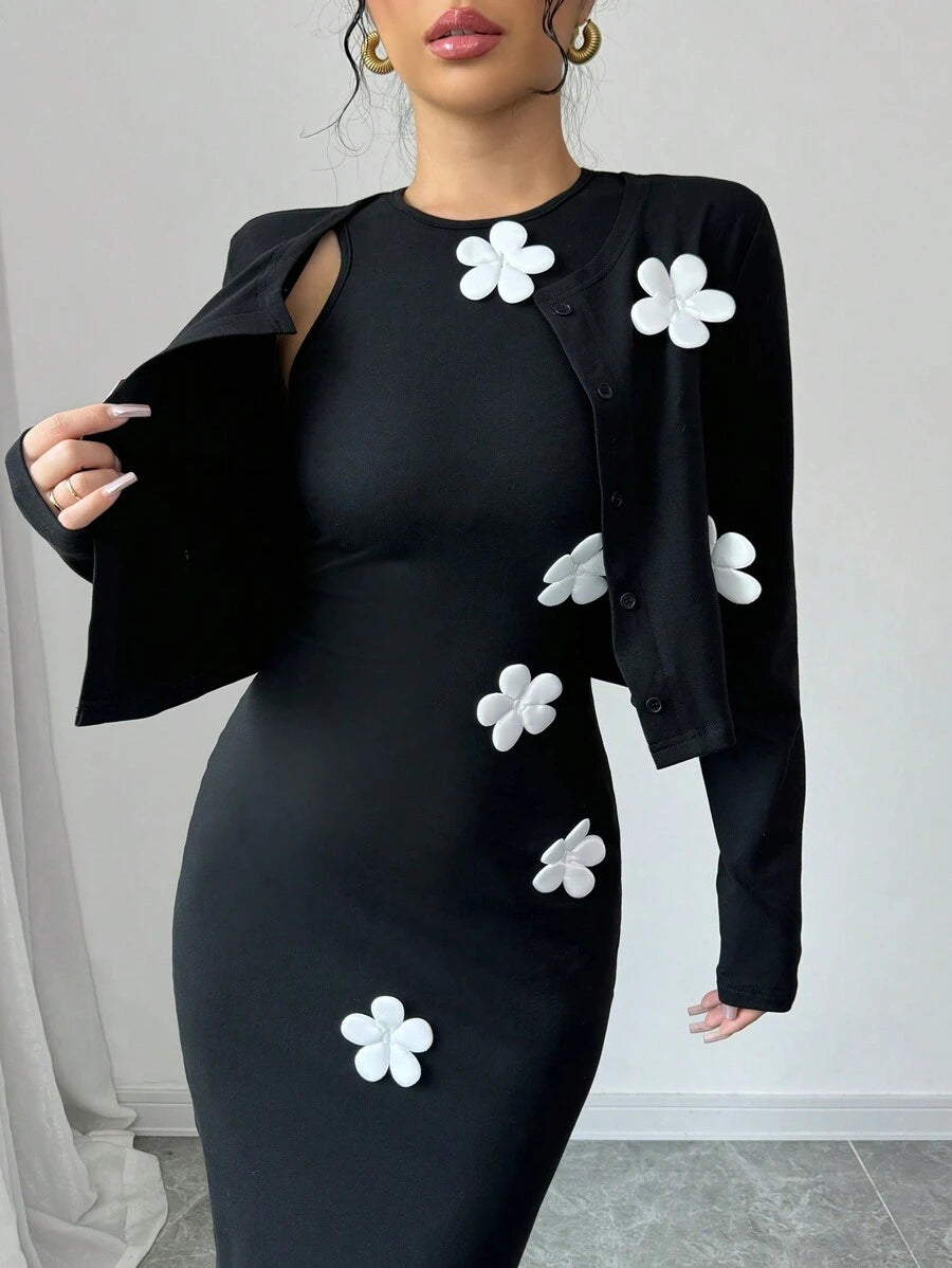 Elevate your wardrobe with this stunning 2-piece jacket dress set that's ready for any occasion! The coordinated ensemble features delicate floral accents that add a touch of feminine charm, while the structured jacket provides polished sophistication. Whether you're heading to brunch, a special event, or a casual day out, this versatile set transitions seamlessly through every season. The thoughtful design combines comfort with style, making it a go-to piece you'll reach for again and again. Perfect for an