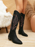 Elevate your style with our Chic Embroidered Knee-High Cowboy Boots. Featuring intricate embroidery, a pointed toe, and a high heel, these boots are perfect for adding a touch of Western charm to any outfit. Made with high-quality materials, they provide both comfort and style, making them a must-have for any fashion-forward individual.