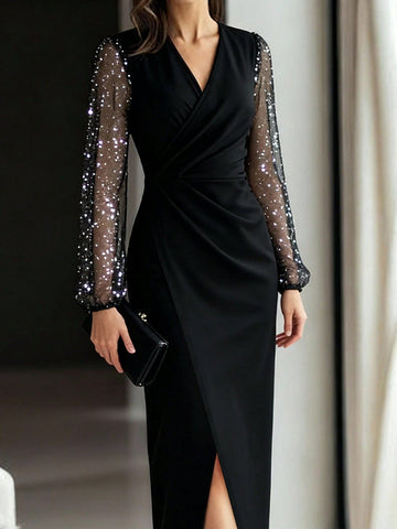 Elevate your wardrobe with this stunning fitted waist dress that's equal parts sophisticated and fun. The rich emery rose hue pairs beautifully with eye-catching silver foil splice details that catch the light just right. Sheer mesh sleeves add an unexpected touch of elegance and breathability, making this piece perfect for everything from date night to special occasions. The cinched waist creates a flattering silhouette that celebrates your curves. Whether you're turning heads at a party or making a statem