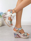 Elevate your warm-weather wardrobe with these charming European-inspired platform wedge sandals. Featuring a delicate ribbon bow detail and open peep-toe design, they blend bohemian elegance with everyday comfort. The canvas upper and PU leather lining provide breathable support, while the TPR outsole ensures reliable traction on any surface. True-to-size fit in a sophisticated mint green hue. Perfect for beach days, casual outings, weddings, or festive occasions