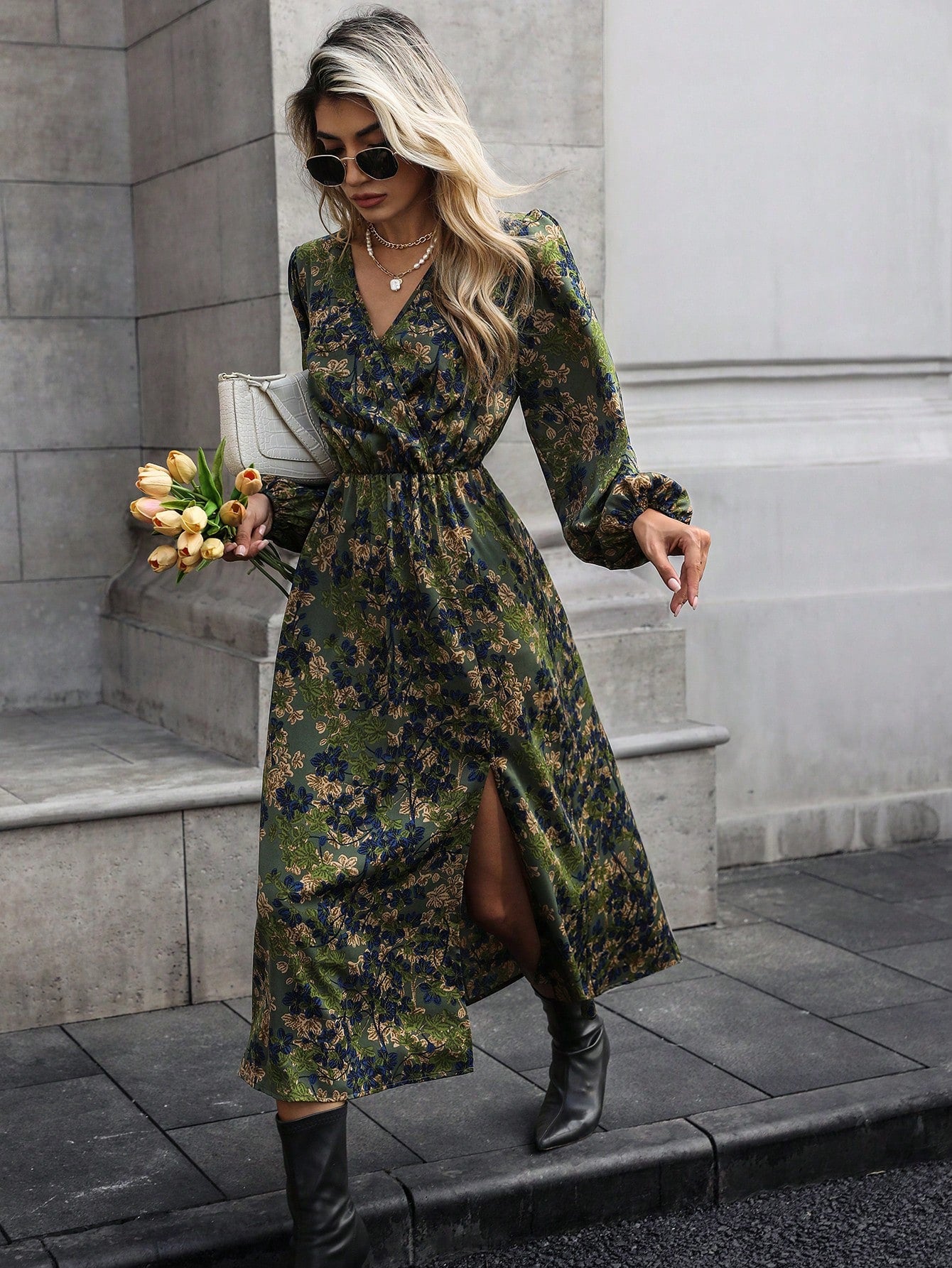 Wrap yourself in style with our Chic Fall Floral Maxi Dress! Featuring a flattering v-neck and trendy lantern sleeves, this dress is perfect for any occasion. Feel confident and chic while rocking this versatile piece. (Dress only, accessories and shoes not included)