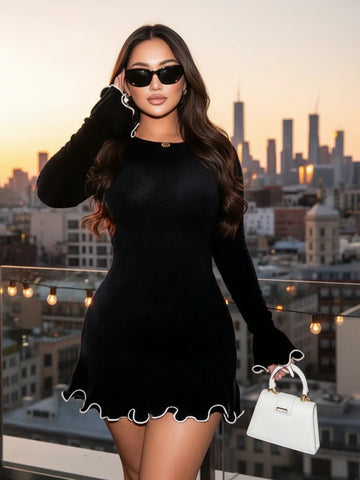 Elevate your party game with this fabulous fall sweater dress! Featuring a chic wave curled edge design, this mini dress strikes the perfect balance between cozy and glamorous. The playful silhouette makes it ideal for holiday gatherings, festive celebrations, and those moments when you want to turn heads. Soft, comfortable, and undeniably stylish—your new go-to piece for making a statement this season.