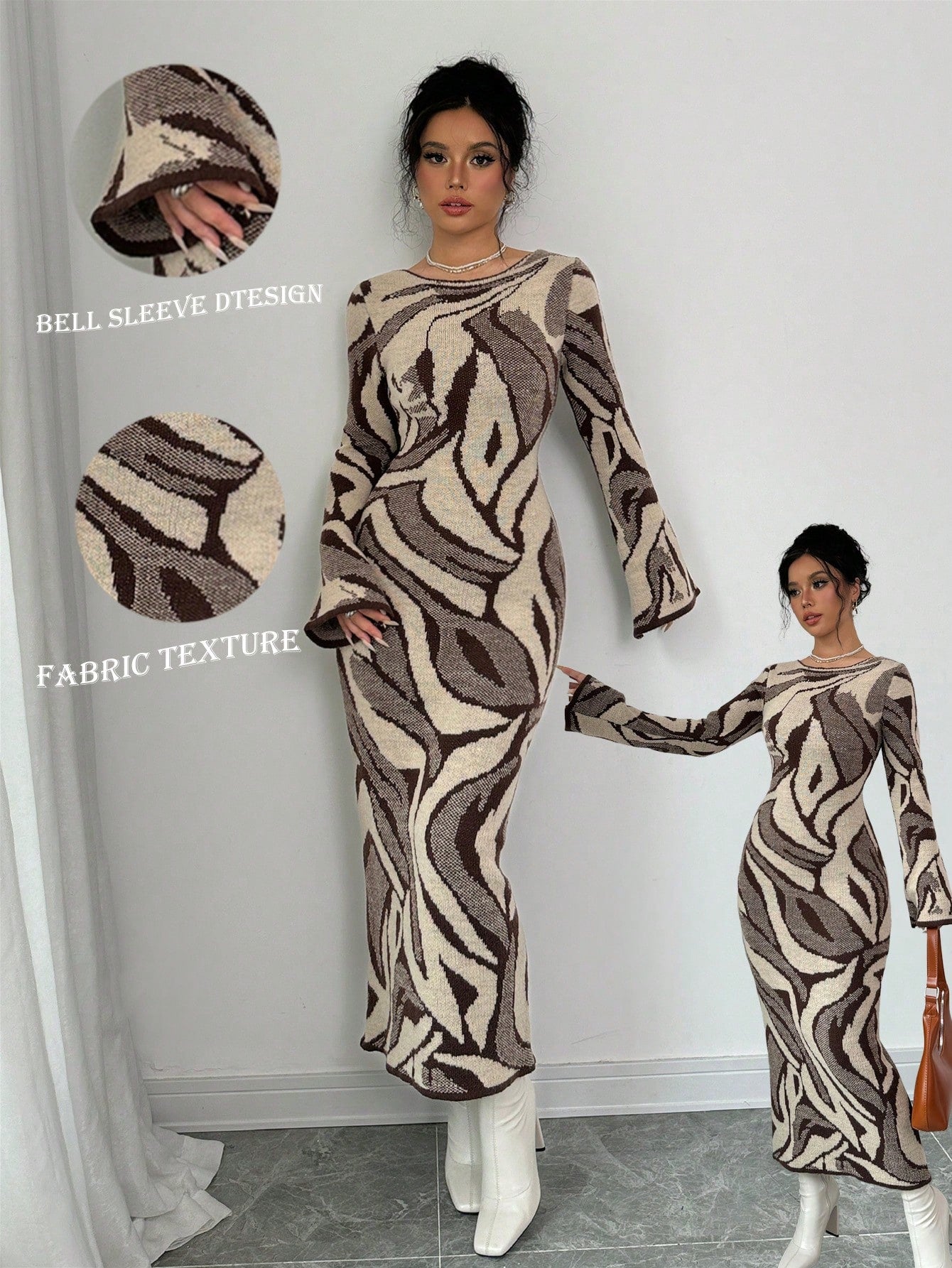 Elevate your cold-weather wardrobe with this chic knit sweater dress that effortlessly transitions from cozy nights in to stylish outings. The fitted silhouette flatters your figure while dramatic flare sleeves add a playful twist that catches every eye. Crafted from soft, quality knit fabric, it's your go-to piece for autumn and winter layering or standalone wear. Dress it up with boots and jewelry or keep it casual with sneakers—this versatile beauty works for every vibe you're channeling.