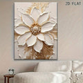 Living room view of white flower canvas wall art with faux textured relief look above sofa