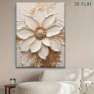 Living room view of white flower canvas wall art with faux textured relief look above sofa
