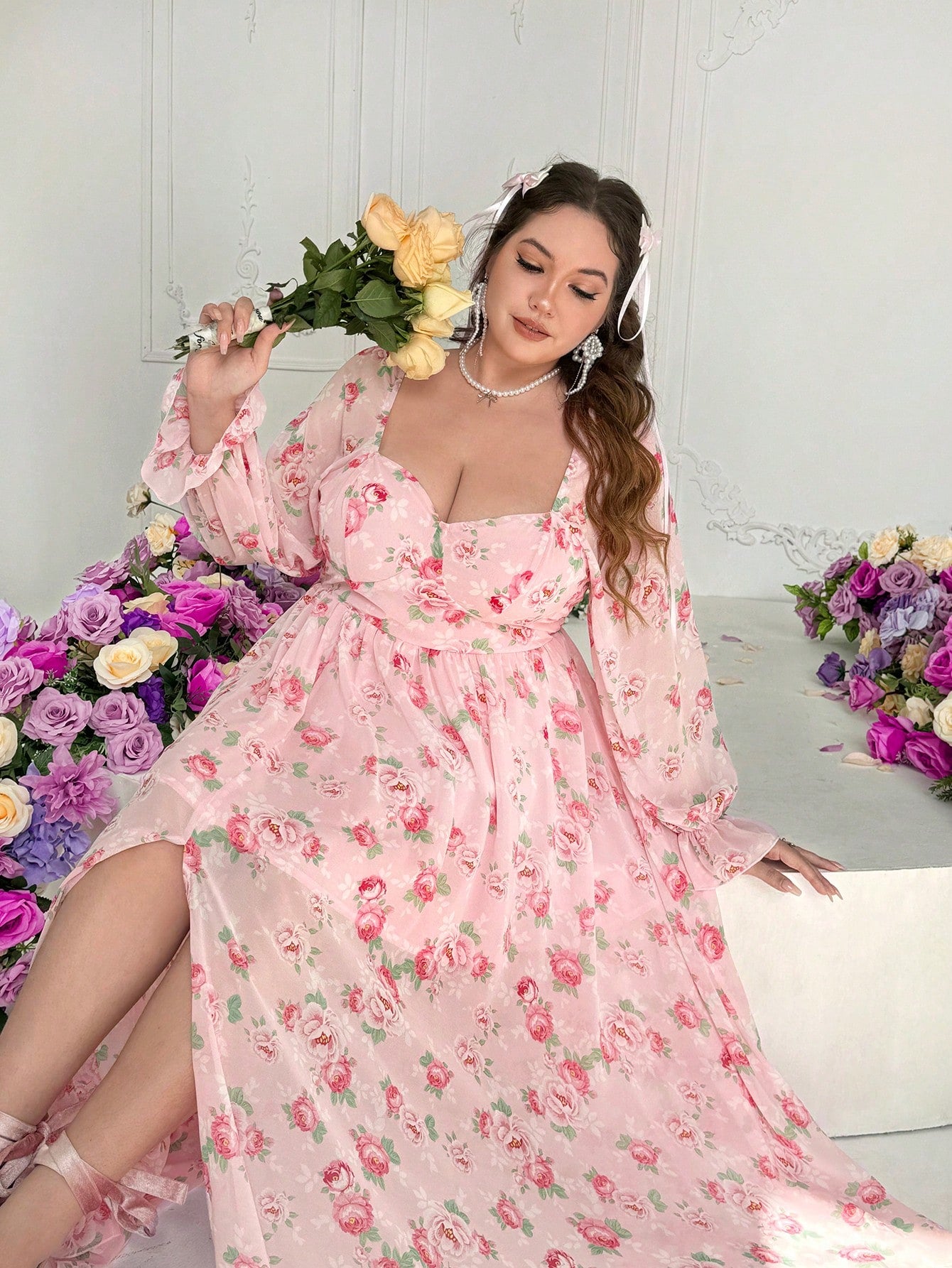 Chic Floral Chiffon Long Sleeve Dress for Romantic Valentine's Day Cel – Canary Houze