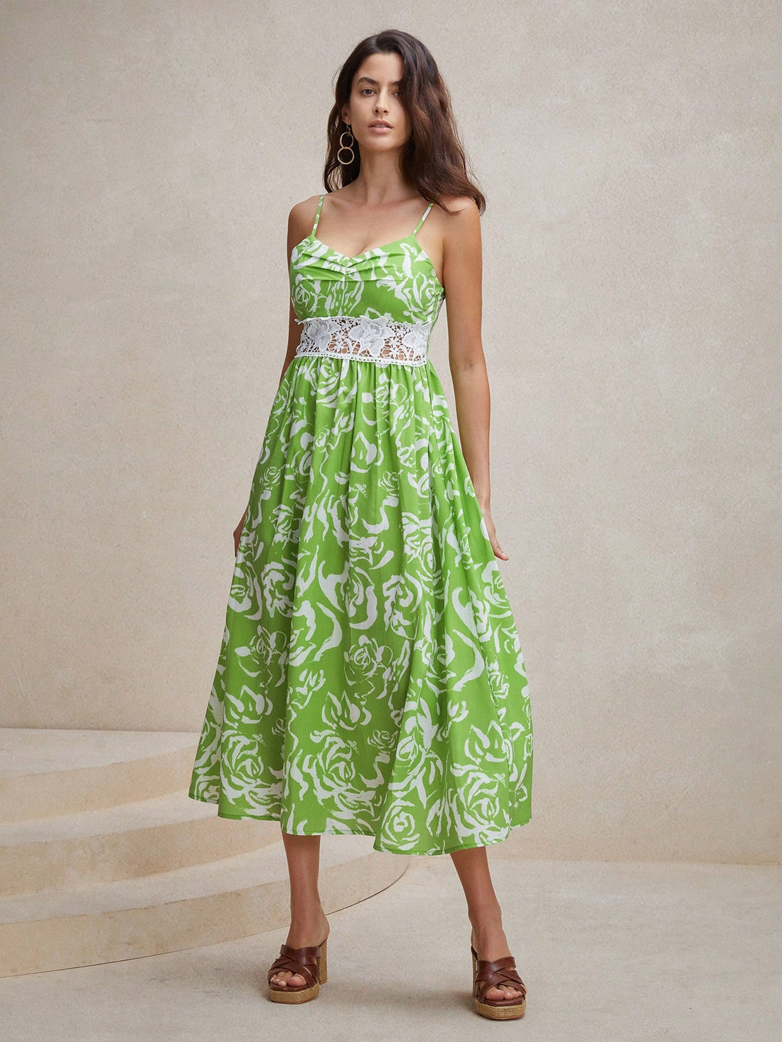 Stay cool and stylish this summer with our Chic Floral Dreams dress! Made for women, this green spaghetti strap dress features delicate lace details for a touch of elegance. Perfect for any occasion, from picnics to date nights, this dress will make your summer dreams come true.