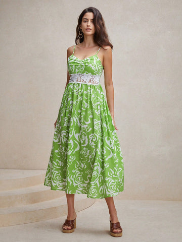 Stay cool and stylish this summer with our Chic Floral Dreams dress! Made for women, this green spaghetti strap dress features delicate lace details for a touch of elegance. Perfect for any occasion, from picnics to date nights, this dress will make your summer dreams come true.
