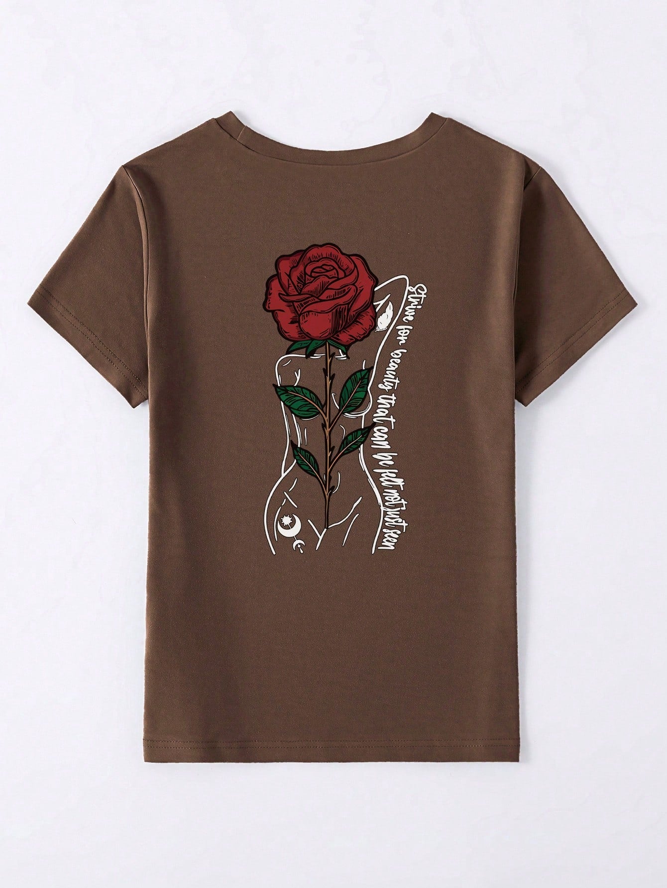 Add a touch of chic floral elegance to your wardrobe with this women's t-shirt featuring a beautiful rose letter print. Perfect for a casual day out, this t-shirt is both stylish and comfortable. Make a statement with fashion and comfort combined!