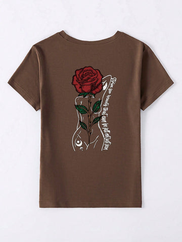 Add a touch of chic floral elegance to your wardrobe with this women's t-shirt featuring a beautiful rose letter print. Perfect for a casual day out, this t-shirt is both stylish and comfortable. Make a statement with fashion and comfort combined!