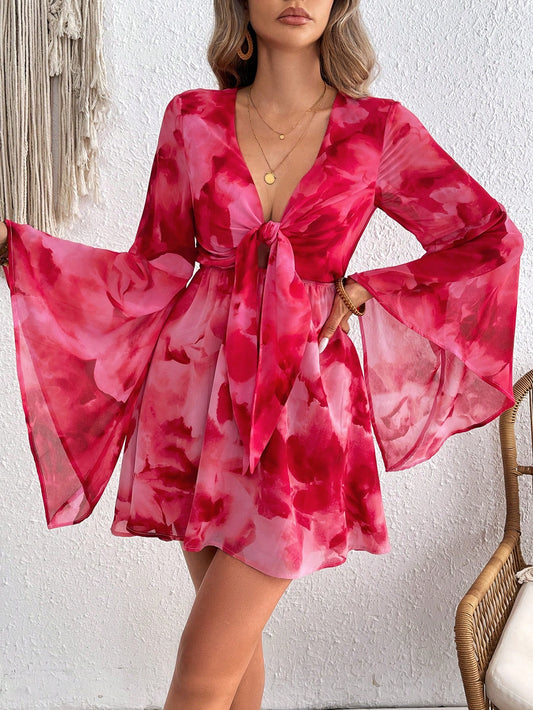 BEADED TIE STRAP FLORAL PRINT ASYMMETRIC MINI DRESS