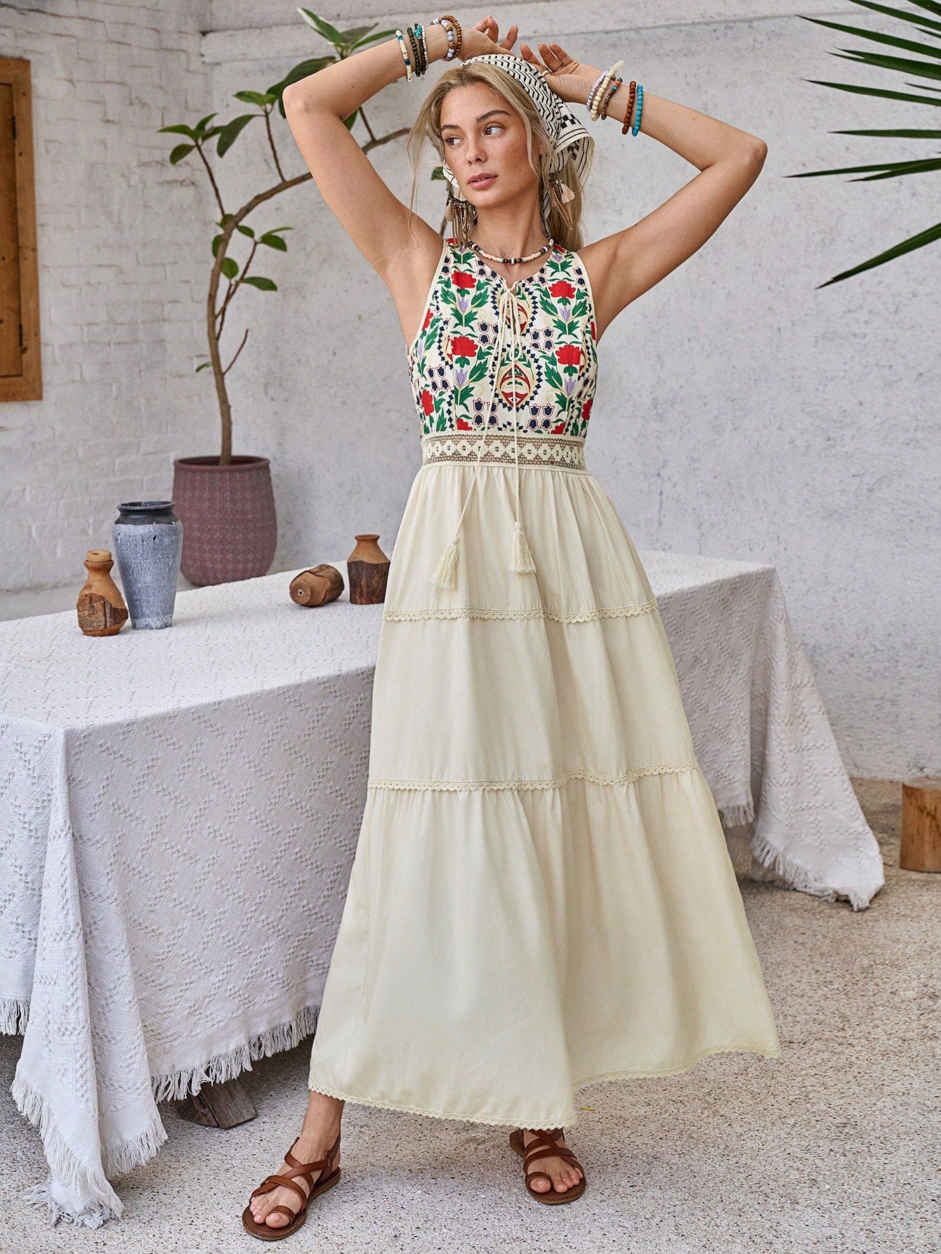 Step into holiday fun with this playful mid-length dress featuring a charming floral print patchwork design. Its breezy silhouette offers comfort and style, making it your go-to for effortless festive looks. Perfect for sunny strolls or lively gatherings, this dress adds a splash of cheerful elegance to your wardrobe.