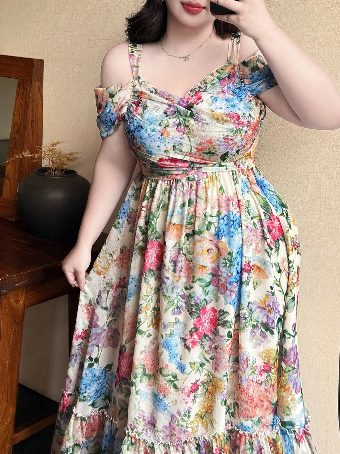 Step into summer with this playful plus size off-shoulder dress, adorned with a vibrant floral print that brings elegance and fun together. Its breezy design keeps you cool while the flattering cut highlights your curves beautifully. Perfect for sunny days and stylish outings, this dress adds a splash of charm to your warm-weather wardrobe.