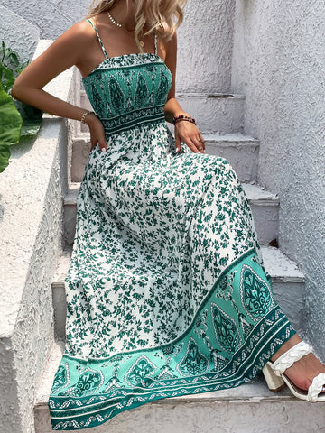 Effortlessly chic, this maxi cami dress with a shirred design is perfect for beach getaways. Its vibrant floral print will add a touch of summer to your wardrobe. Get ready to turn heads and make a statement without any effort!