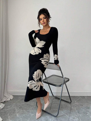 Front full view of black and cream floral square-neck bodycon knit midi dress with long sleeves