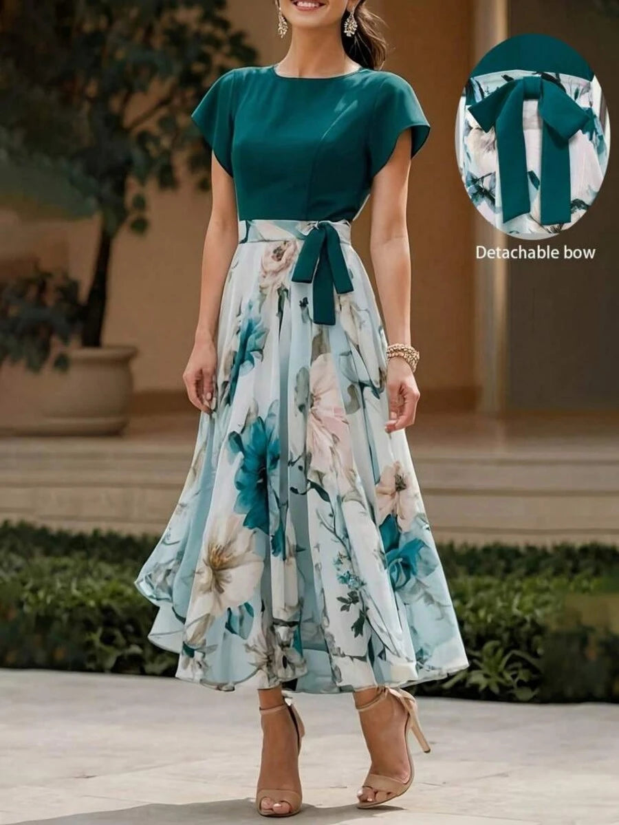 Teal floral fit-and-flare midi dress with detachable waist sash