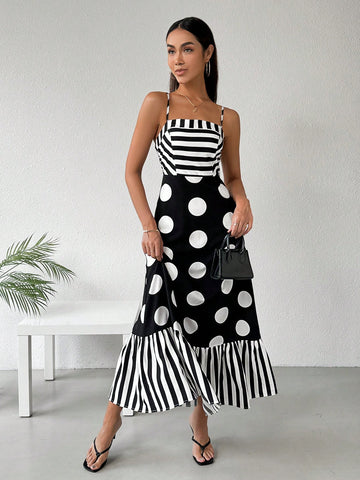 Embrace Parisian vibes with our Chic French-Style Cami Dress! Featuring striped and polka dot splicing, this dress adds a playful twist to the classic cami style. Perfect for spring and summer, this dress will have you looking effortlessly stylish. Bonjour, fashionista!