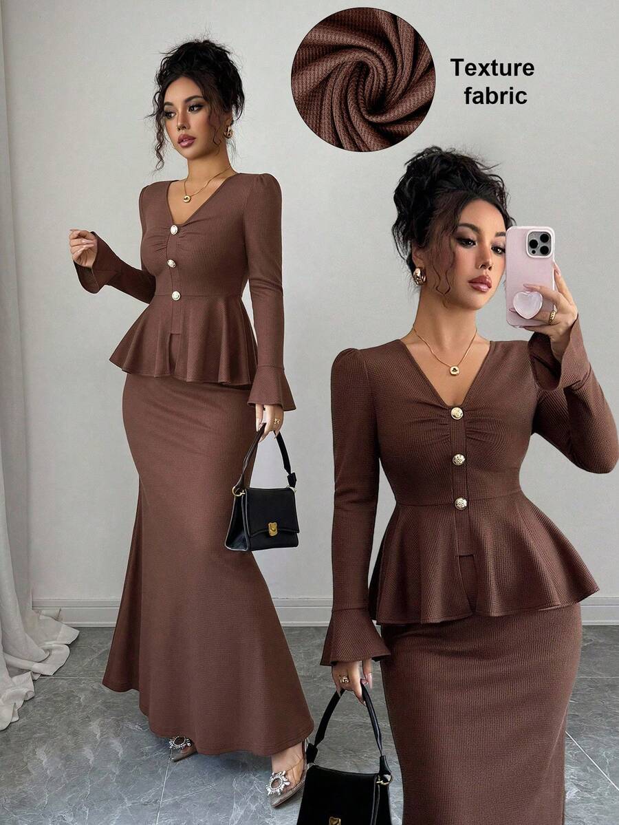 Elevate your wardrobe with this effortlessly chic French-inspired two-piece set. The deep brown fitted top features a flattering V-neckline and charming flared sleeves that add movement and sophistication. Pair it with the graceful mermaid hem skirt for a look that's equal parts elegant and fun. Perfect for date nights, brunch outings, or whenever you want to channel timeless European style with a modern twist. This set proves that looking polished doesn't mean sacrificing personality.