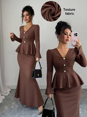 Elevate your wardrobe with this effortlessly chic French-inspired two-piece set. The deep brown fitted top features a flattering V-neckline and charming flared sleeves that add movement and sophistication. Pair it with the graceful mermaid hem skirt for a look that's equal parts elegant and fun. Perfect for date nights, brunch outings, or whenever you want to channel timeless European style with a modern twist. This set proves that looking polished doesn't mean sacrificing personality.