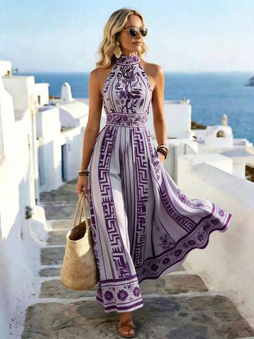 Chic French Vintage Halter Neck A-Line Dress for Spring and Summer Elegance