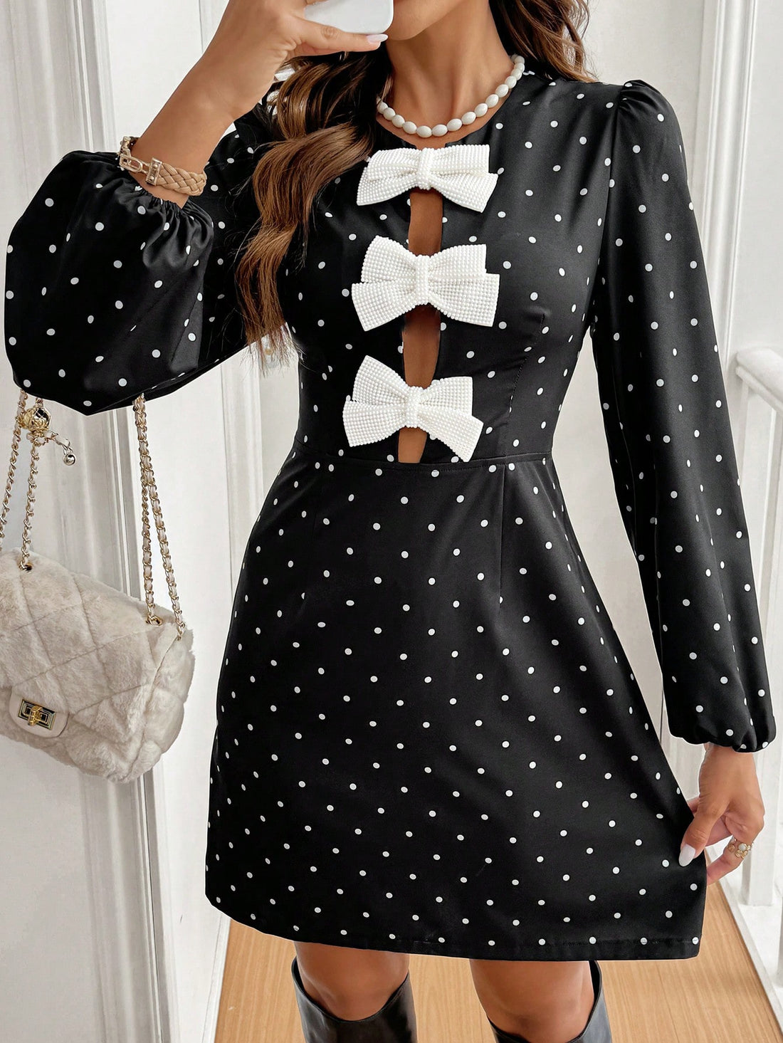 Elevate your fall wardrobe with our Chic Frenchy Polka Dot Bow Dress. Elegant lantern sleeves and a charming bow detail add chic style to this must-have piece. Perfect for any occasion, this dress exudes sophistication and fashion-forwardness.