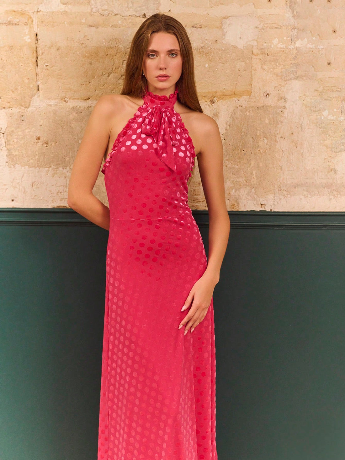 Turn heads in this stunning fuchsia satin maxi dress that's pure magic! The playful polka dot pattern adds a fun twist, while the elegant halter neck and daring open back create serious wow-factor. Silky smooth satin drapes beautifully, making you feel like the star of any occasion—whether you're hitting a party, date night, or special event. This dress effortlessly balances chic sophistication with flirty charm, proving that looking fabulous doesn't have to be complicated. Slip it on and let your confidenc