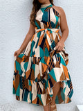 This Chic Geo Print Plus Size Halter Maxi Dress is a must-have for your wardrobe! The bold geo print adds a touch of fun to the classic halter style, while the ruffled hem and belt accentuate your curves. Perfect for any occasion, this dress is both stylish and comfortable.