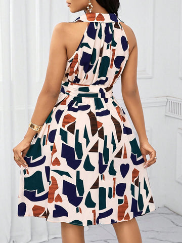 Step out in style this summer with our Chic Geometric Print Bow-Waist Dress. With a playful geometric print and a flattering bow-waist design, this dress effortlessly combines elegance with fun. Perfect for any summer occasion, this dress is sure to make you stand out in a crowd.