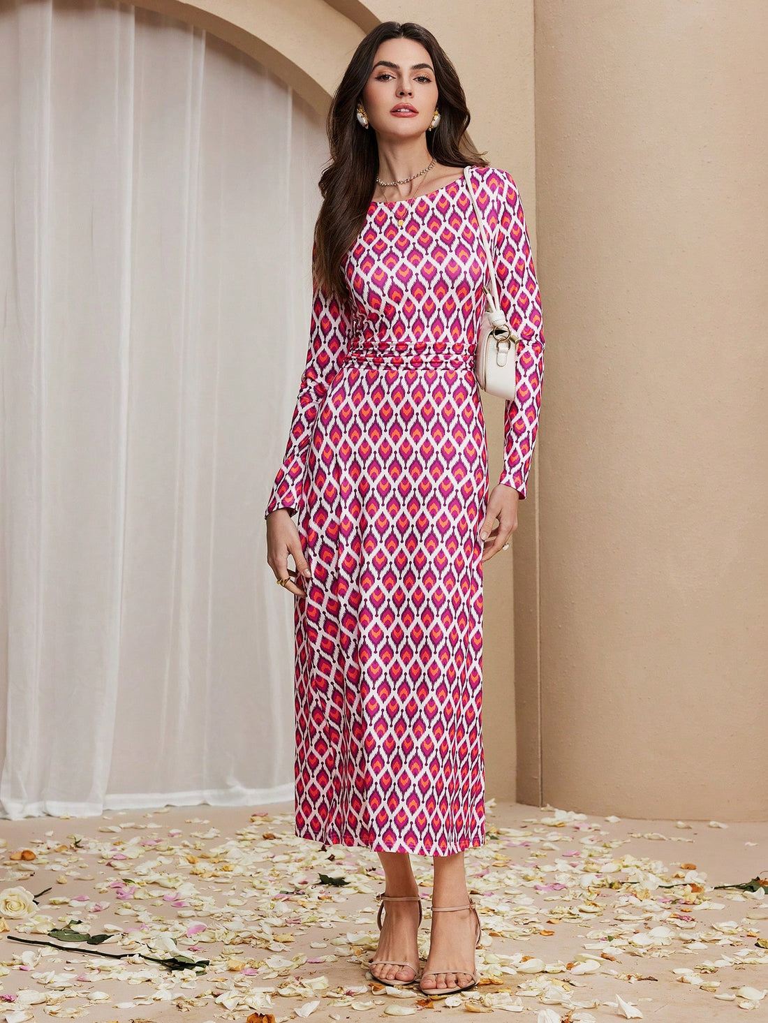 This Chic Geometric Print Maxi Sweater Dress for Women combines style and comfort with its round neck and long sleeve design. The unique print adds a touch of elegance, making it the perfect addition to your wardrobe. Stay cozy and trendy in this must-have dress!