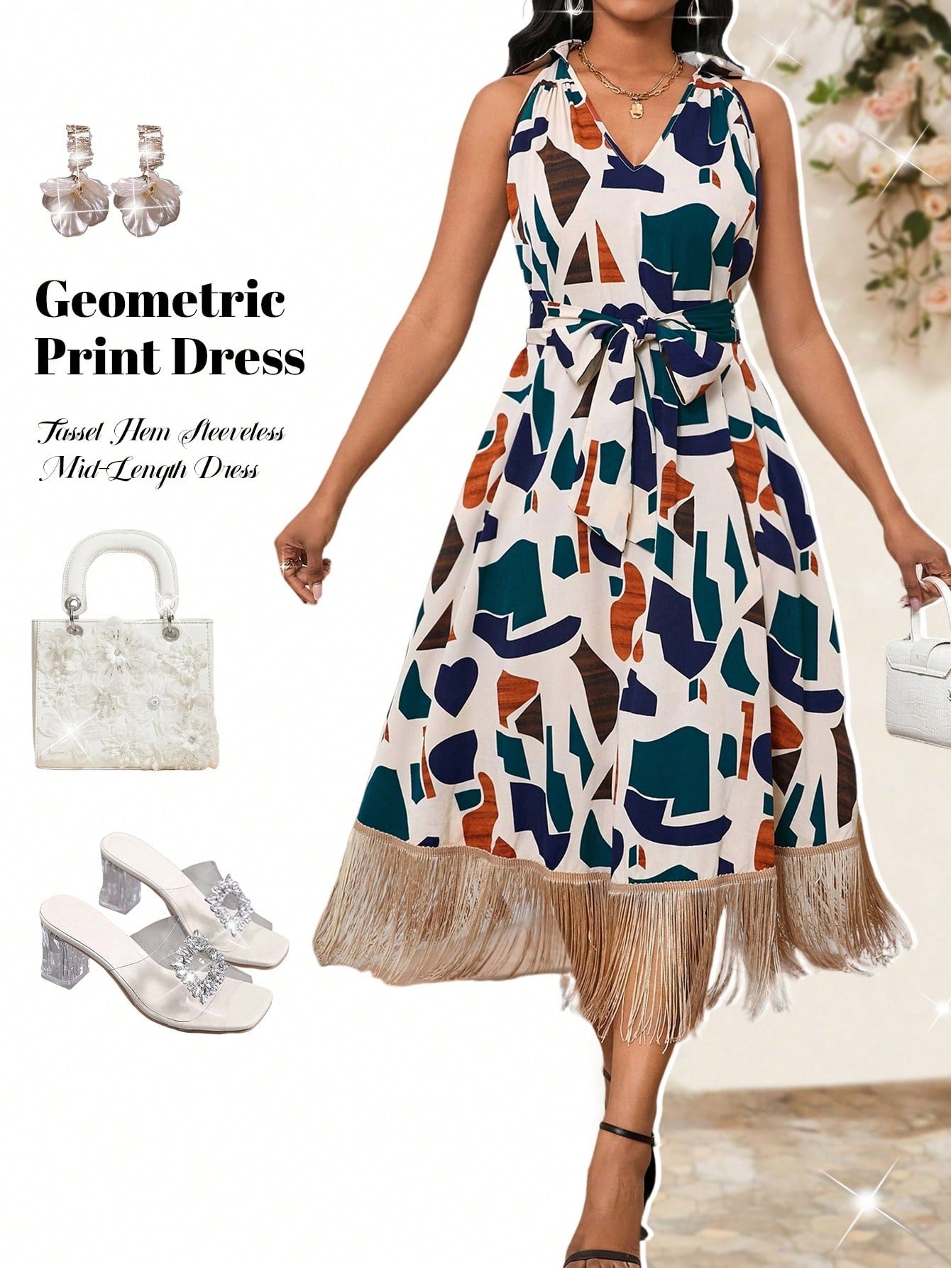 Unleash your inner fashionista with our Chic Geometric Print Tassel Hem Dress. The playful tassel trim adds a touch of flair to this stylish mid-length dress. Perfect for any occasion, this sleeveless dress will make you stand out in a chic and unique way.