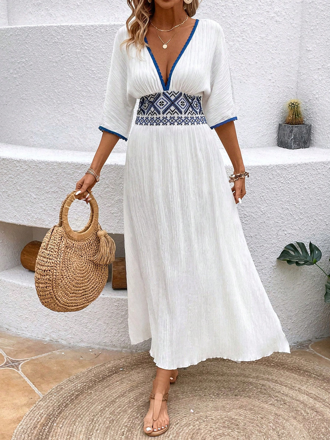 Introducing the Chic Geometric Woven Belted Batwing Sleeve Dress, the perfect dress for any occasion. With its stylish batwing sleeves and flattering belted waist, this dress is both fashionable and versatile. Made with high-quality woven material, it is both comfortable and chic. Elevate your wardrobe with this must-have piece.
