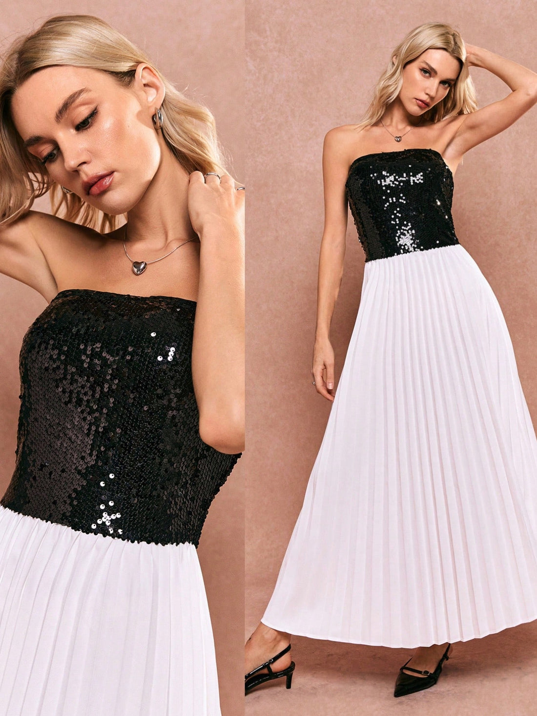 Get ready to sparkle and shine in our Chic Glamour dress! Dazzle everyone at your New Year's Eve party with this colorblock sequined stunner. The strapless design and pleated hem add elegance to this playful, attention-grabbing dress. Get your party on!