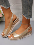 Get ready to strut in style this summer with our Chic Gold Peep-Toe Wedge Sandals! These stylish kicks are a must-have for any fashionable mom looking to elevate her summer footwear game. With its sleek design and comfortable wedge heel, you'll be the envy of all the other moms on the block. Perfect for any occasion, from backyard BBQs to a day at the beach. Don't miss out on these must-have sandals!