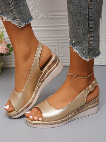 Get ready to strut in style this summer with our Chic Gold Peep-Toe Wedge Sandals! These stylish kicks are a must-have for any fashionable mom looking to elevate her summer footwear game. With its sleek design and comfortable wedge heel, you'll be the envy of all the other moms on the block. Perfect for any occasion, from backyard BBQs to a day at the beach. Don't miss out on these must-have sandals!