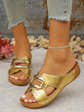 Elevate your summer style with these chic gold platform wedge sandals. Featuring a trendy crocodile pattern and metal accents, these sandals offer both fashion and function. The platform wedge provides added height and comfort, while the crocodile pattern adds a touch of edginess. Perfect for any summer outfit.