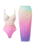 Make a splash this spring with our Chic Gradient Color Block Swimsuit Set. Featuring a vibrant all-over print design, this two-piece set combines style and comfort for your vacation getaway. The top showcases a flattering 1/2 cup push-up design with removable padding and delicate spaghetti straps for adjustable support. 