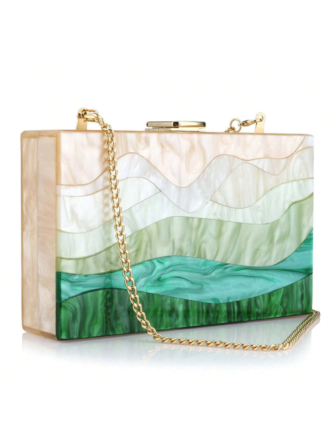 Elevate your evening look with our Chic Green Acrylic Clutch. This stylish box handbag features a trendy gradient design, perfect for any party or event. Its sleek and sturdy construction will keep all your essentials secure while adding a touch of sophistication to your outfit.