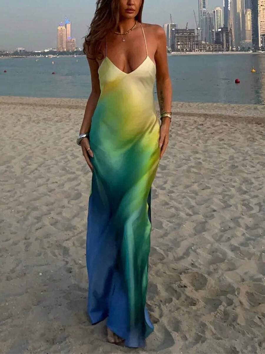 Get ready to slay at the beach parties with our Chic Gradient Summer Cami Dress! This V-neck, backless dress is effortlessly stylish and will make you stand out in any crowd. Perfect for a day of fun in the sun, this dress will keep you cool and chic all day long.