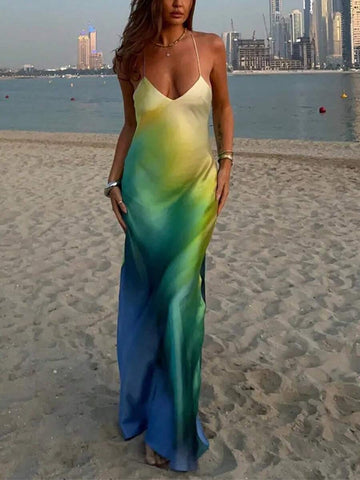 Get ready to slay at the beach parties with our Chic Gradient Summer Cami Dress! This V-neck, backless dress is effortlessly stylish and will make you stand out in any crowd. Perfect for a day of fun in the sun, this dress will keep you cool and chic all day long.