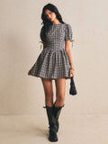 Navy beige plaid puff sleeve mini dress with gathered skirt full front view