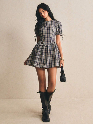 Navy beige plaid puff sleeve mini dress with gathered skirt full front view