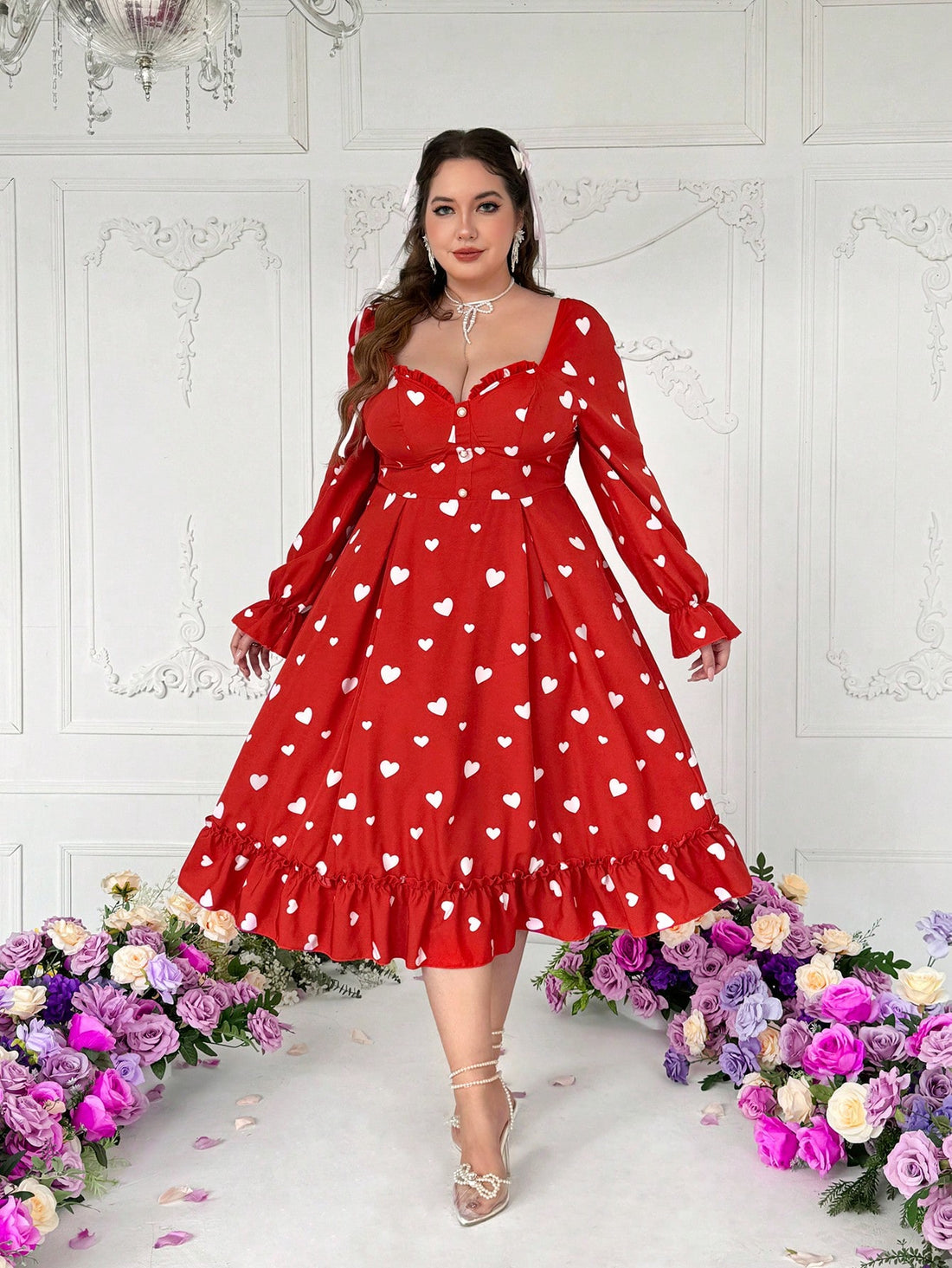 Be the chicest Valentine's date in town with this Heart Graphic Long Sleeve Fit & Flare Dress. Its elegant over-knee style hugs your curves in all the right places. Featuring a playful heart graphic, this dress adds a touch of fun to your look. Perfect for Valentine's Day or any romantic occasion.