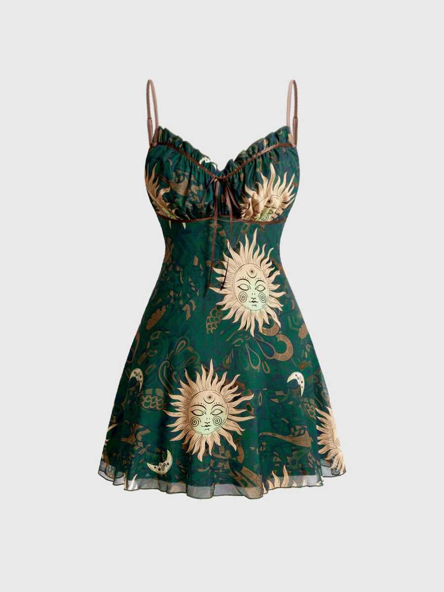 Front view of green celestial sun and moon print cami mini dress with ruched sweetheart bust