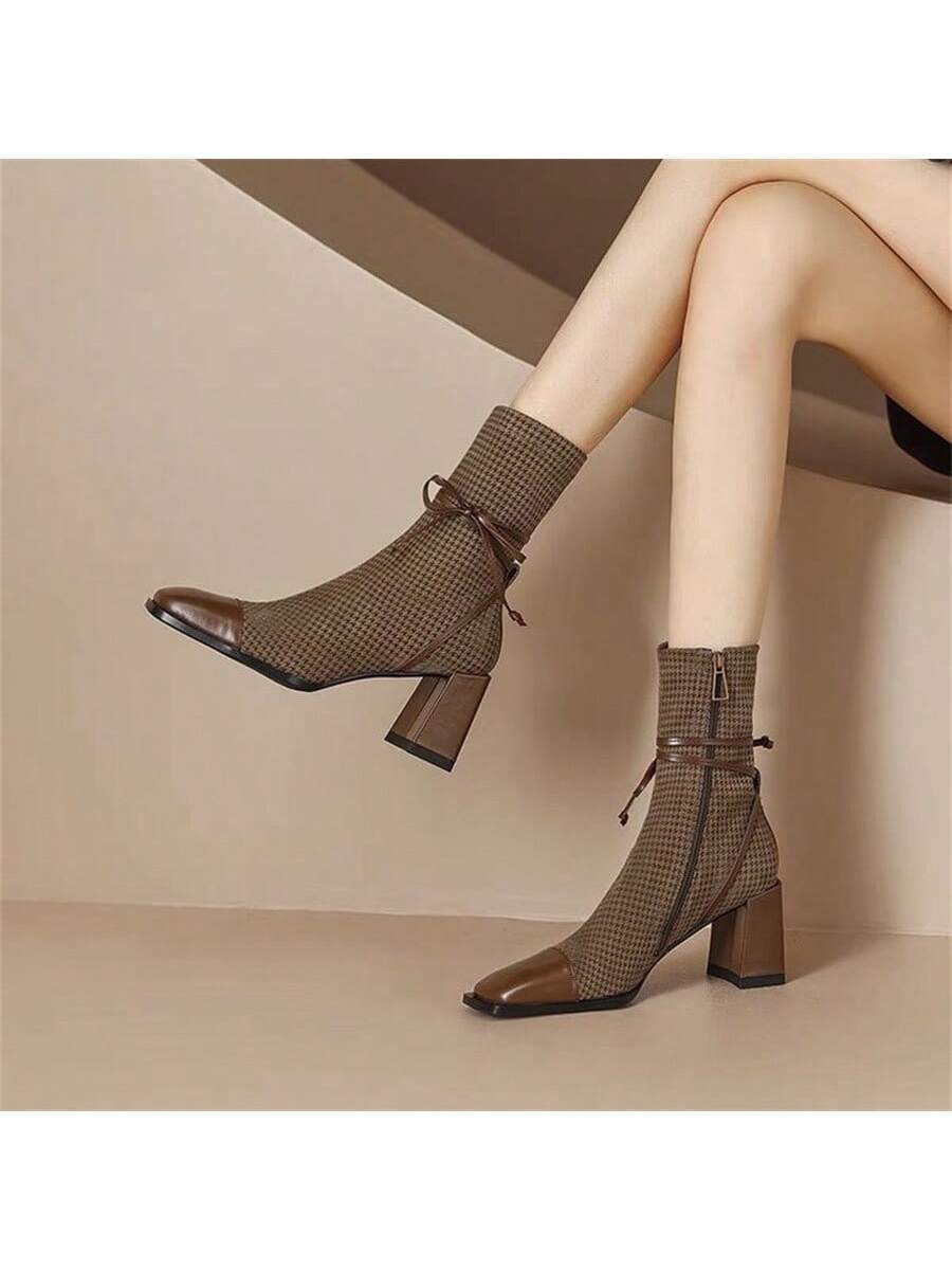 Elevate your fashion game with our Chic Houndstooth Ankle Booties! These stylish boots feature a cozy fur lining to keep your feet warm and a chunky heel for added height and stability. The trendy houndstooth pattern will make any outfit stand out, making these booties a must-have for any fashion-forward individual. Don't miss out on this perfect combination of fashion and function!